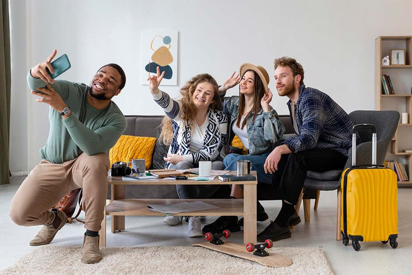 A group of four friends sitting in a living room, taking a selfie. The room has a couch, coffee table, and a yellow suitcase.
