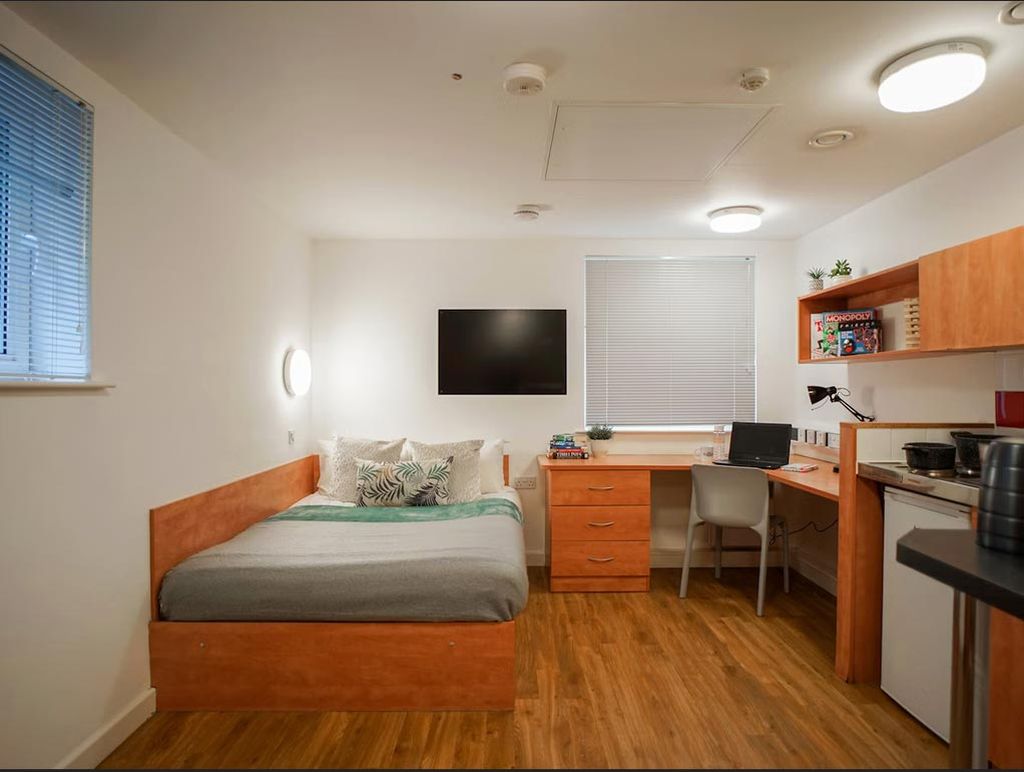 A cozy dorm room with a bed, desk, chair, and wall-mounted TV. Wooden flooring, white walls, and a window with blinds add to the simplicity.