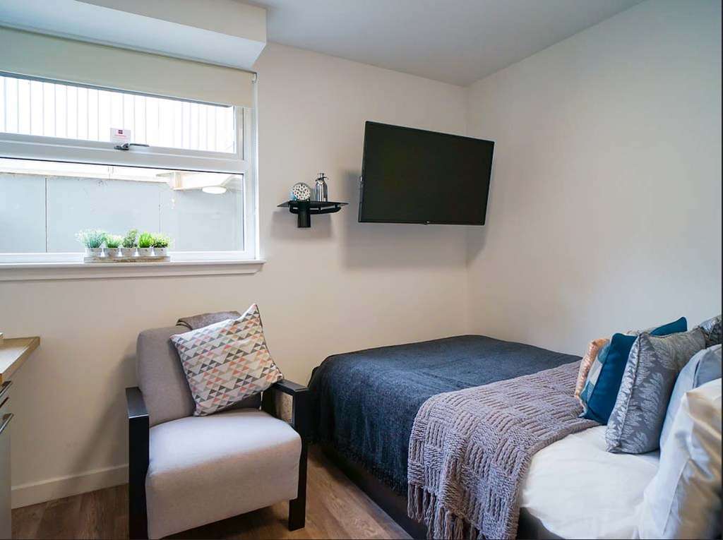 Cozy room with a bed, wall-mounted TV, armchair, and window with potted plants. Neutral tones and a simple, modern design.