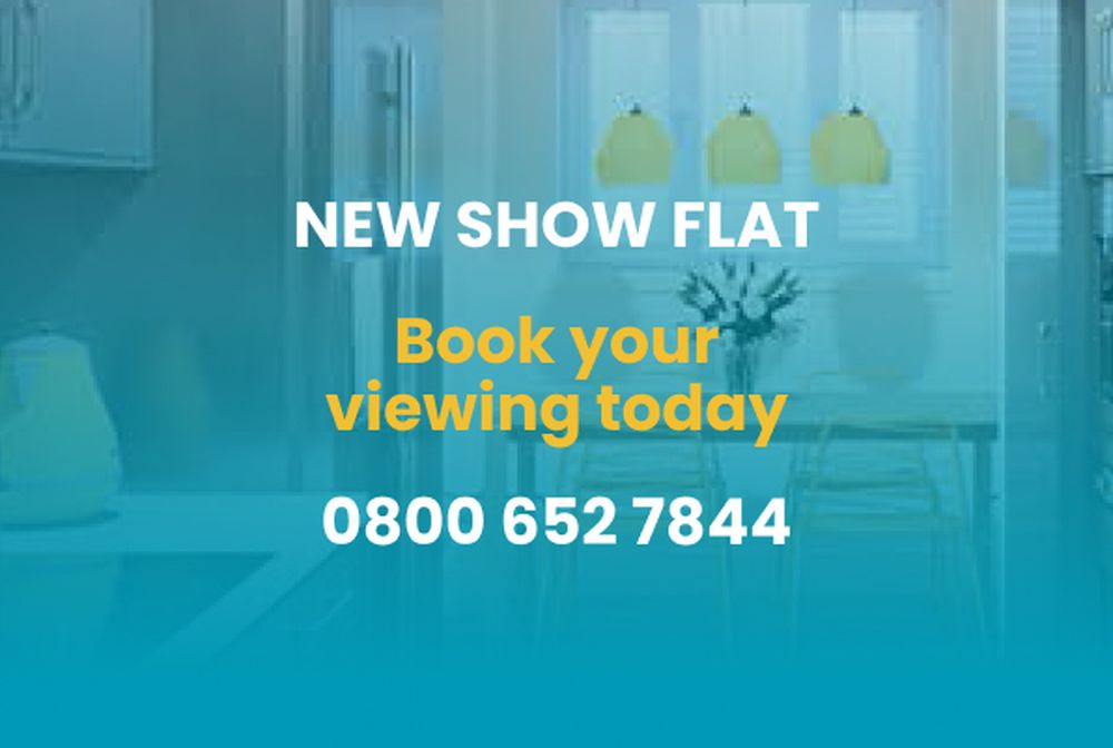 New show flat, book your viewing today, 0800 652 7844 text with a student accommodation bedroom background image