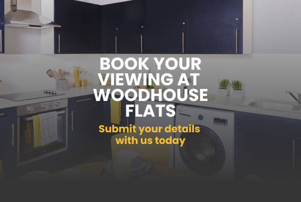 Book your viewing at Woodhouse flats, Submit your details with us today text with a student accommodation kitchen background image