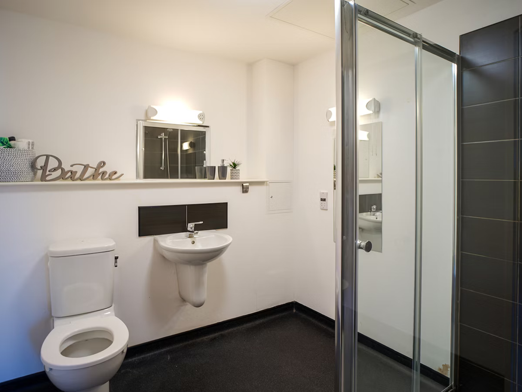 Modern bathroom with a glass shower, white sink, toilet, and wall shelf with decor and plants. Bright lighting and dark flooring.