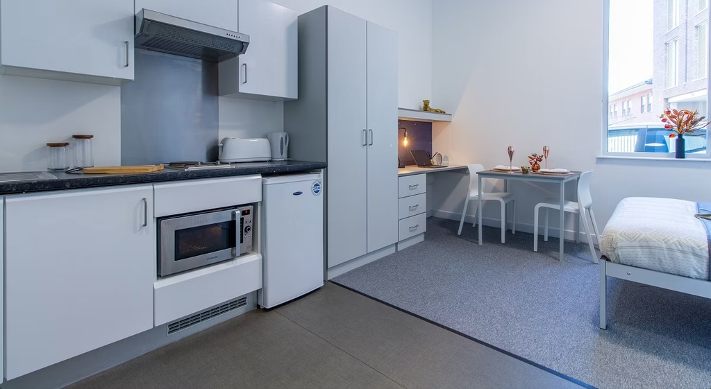 Compact studio apartment with kitchenette, microwave, fridge, small dining area, bed, and desk. Modern decor with natural light from a window.