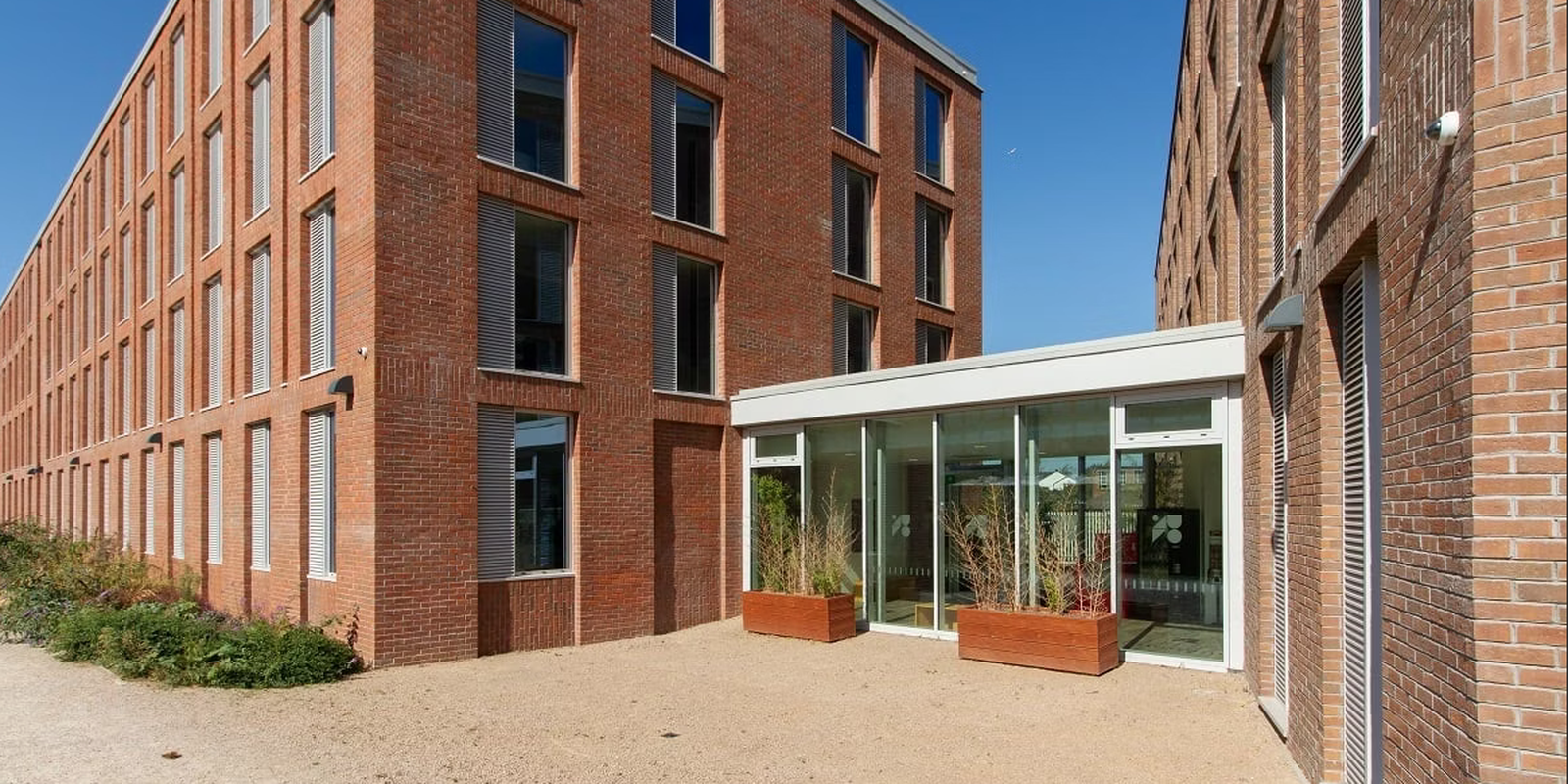 Brick buildings with large windows and a glass-walled entrance. Two rectangular planters with plants are placed in front. Clear blue sky above.