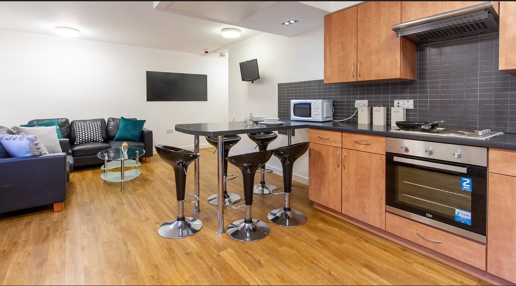 Modern kitchen and living area with wooden flooring, bar stools, black backsplash, and a sofa with cushions. Oven, microwave, and TV are visible.