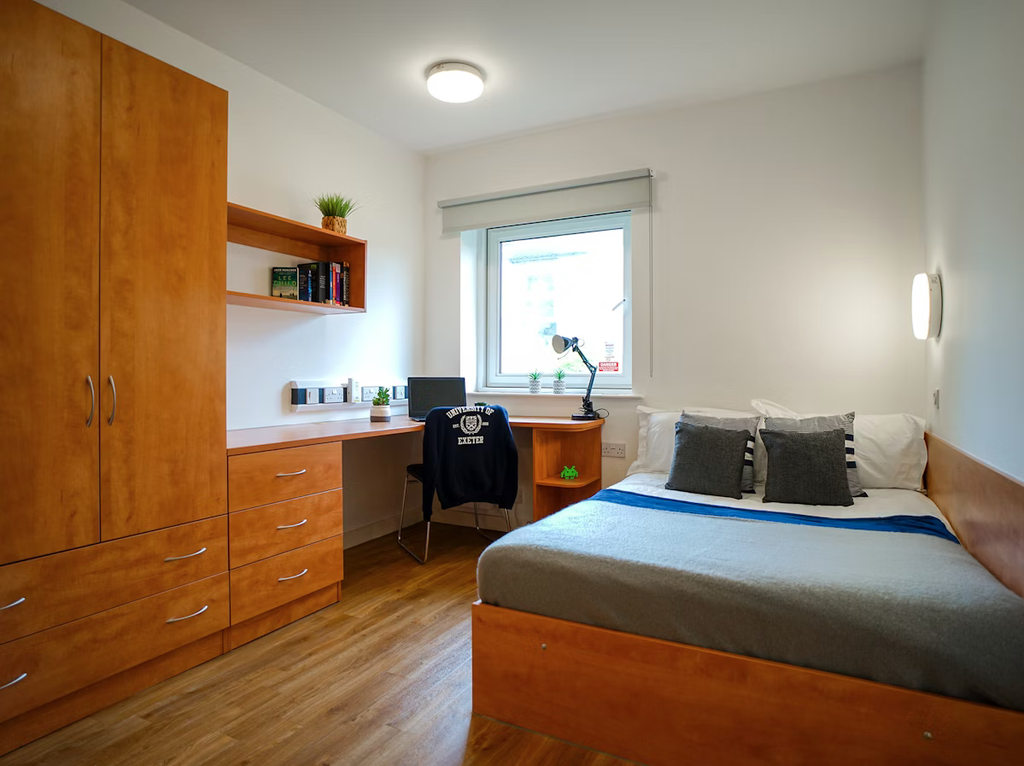 A tidy bedroom with a wooden bed, gray bedding, a desk with a computer, books, a lamp, and a potted plant by a window.