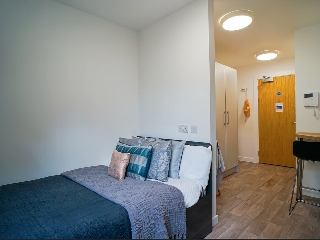 Modern bedroom with a neatly made bed, decorative pillows, wooden floor, and a small kitchen area in the corner. White walls and wooden door.