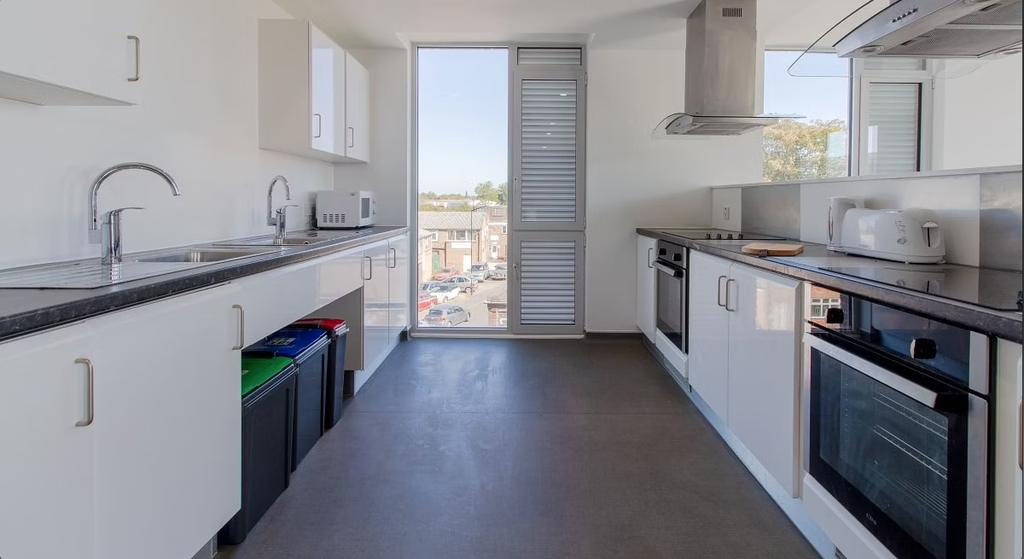 Modern kitchen with white cabinets, black countertops, stainless steel appliances, and a window view of buildings and trees.