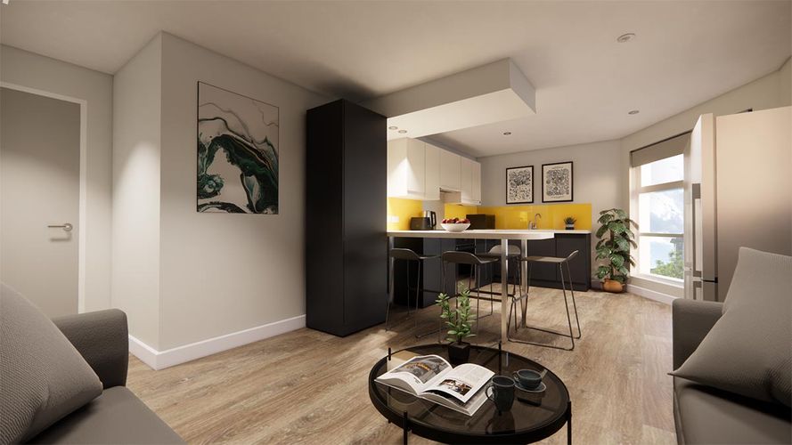 Modern open-plan living room and kitchen with bar seating, yellow backsplash, plants and coffee table.
