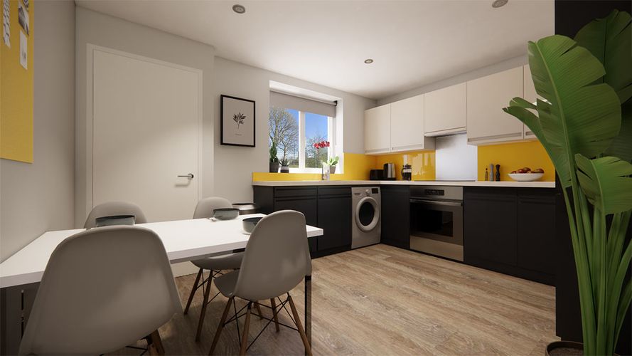 Modern kitchen-diner with white table and gray chairs, black lower cabinets, yellow backsplash, window plants, washing machine and oven.