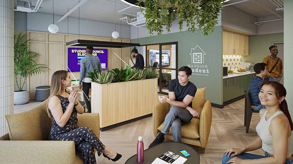 Group of students chatting in a bright modern student lounge with sofas, plants, kitchenette and a digital noticeboard.