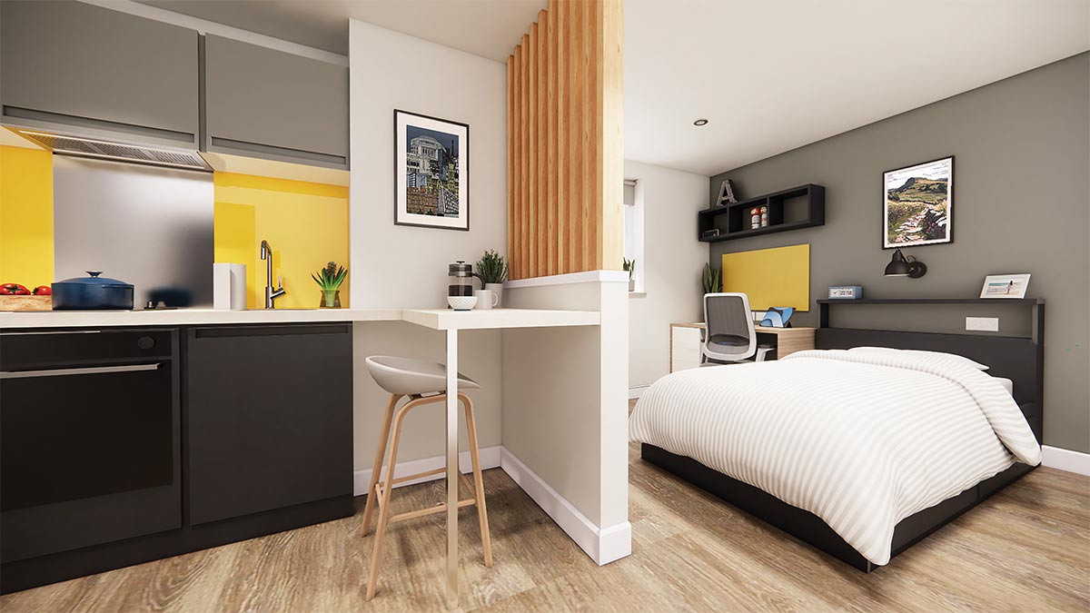 Modern studio apartment with a kitchen, dining area, and bedroom. Features wood flooring, yellow accents, and wall decorations.