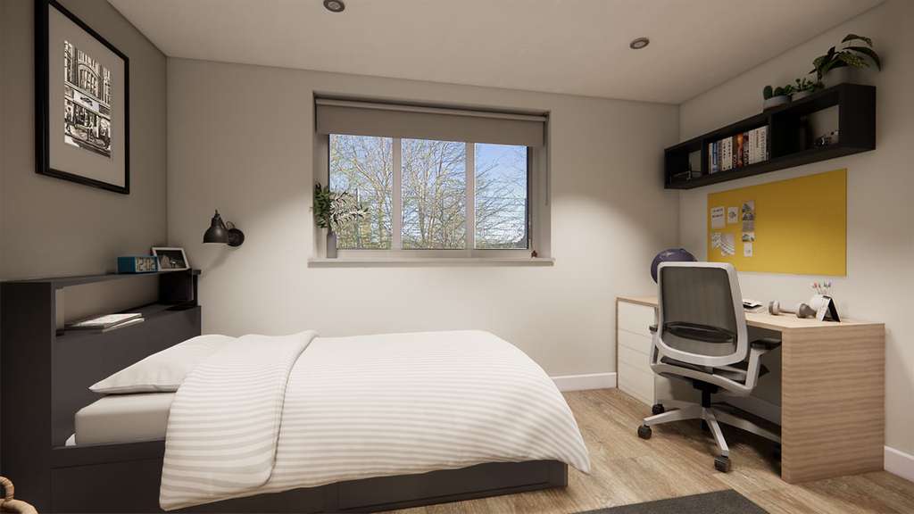 Minimal bedroom with white striped bed, window showing trees, wooden desk with office chair, floating shelf and yellow pinboard.