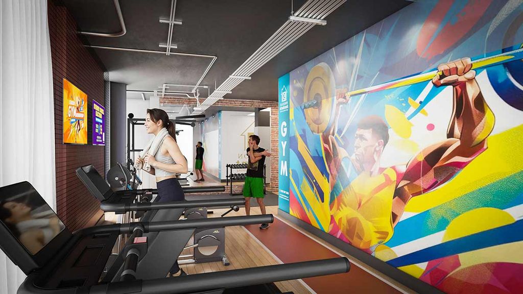 Modern gym with treadmills, a woman jogging, a man stretching, and a large colorful mural of a weightlifter on the wall.