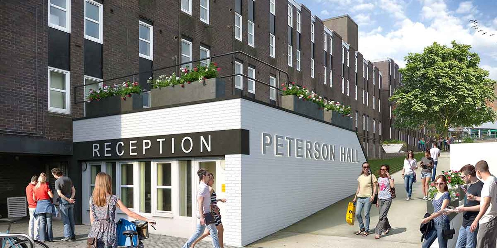 People walking outside a building labeled "Reception Peterson Hall" with flower planters, a tree, and bicycles nearby under a blue sky.