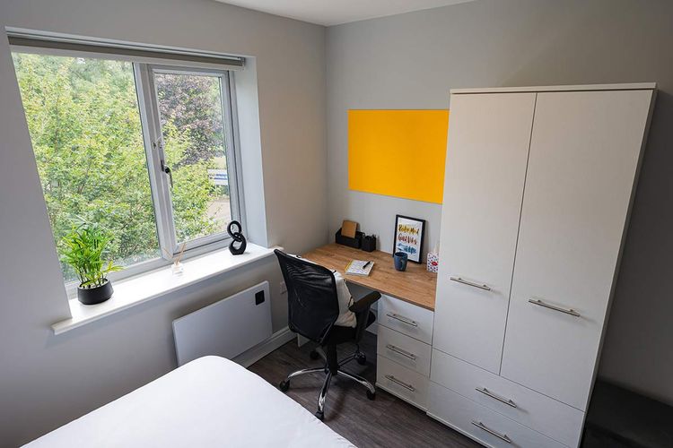 A tidy, modern bedroom with a desk, chair, and wardrobe. A window overlooks green trees. The desk has books, a plant, and decor.