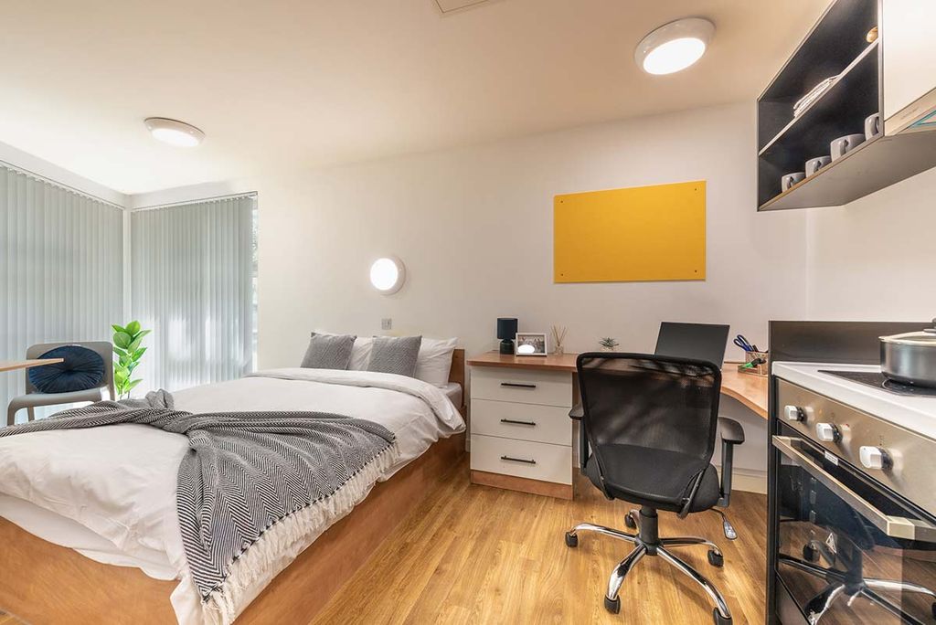 Modern studio apartment with a cozy bed, desk setup, and kitchenette. Large windows with blinds and a plant by the chair enhance warmth.