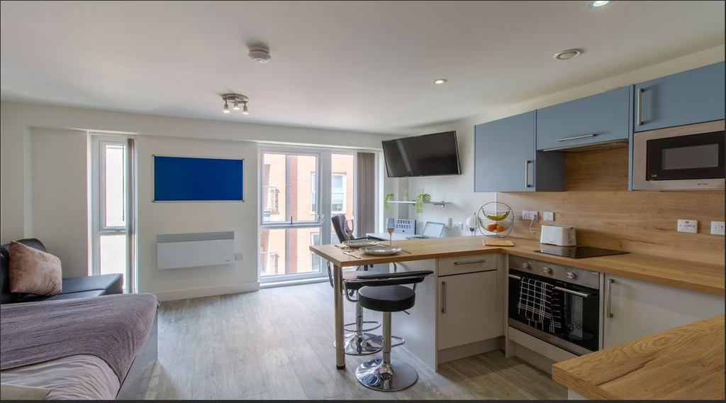 Modern studio apartment with a kitchen, bar stools, sofa, and large windows. Features include a wall-mounted TV, oven, and microwave.