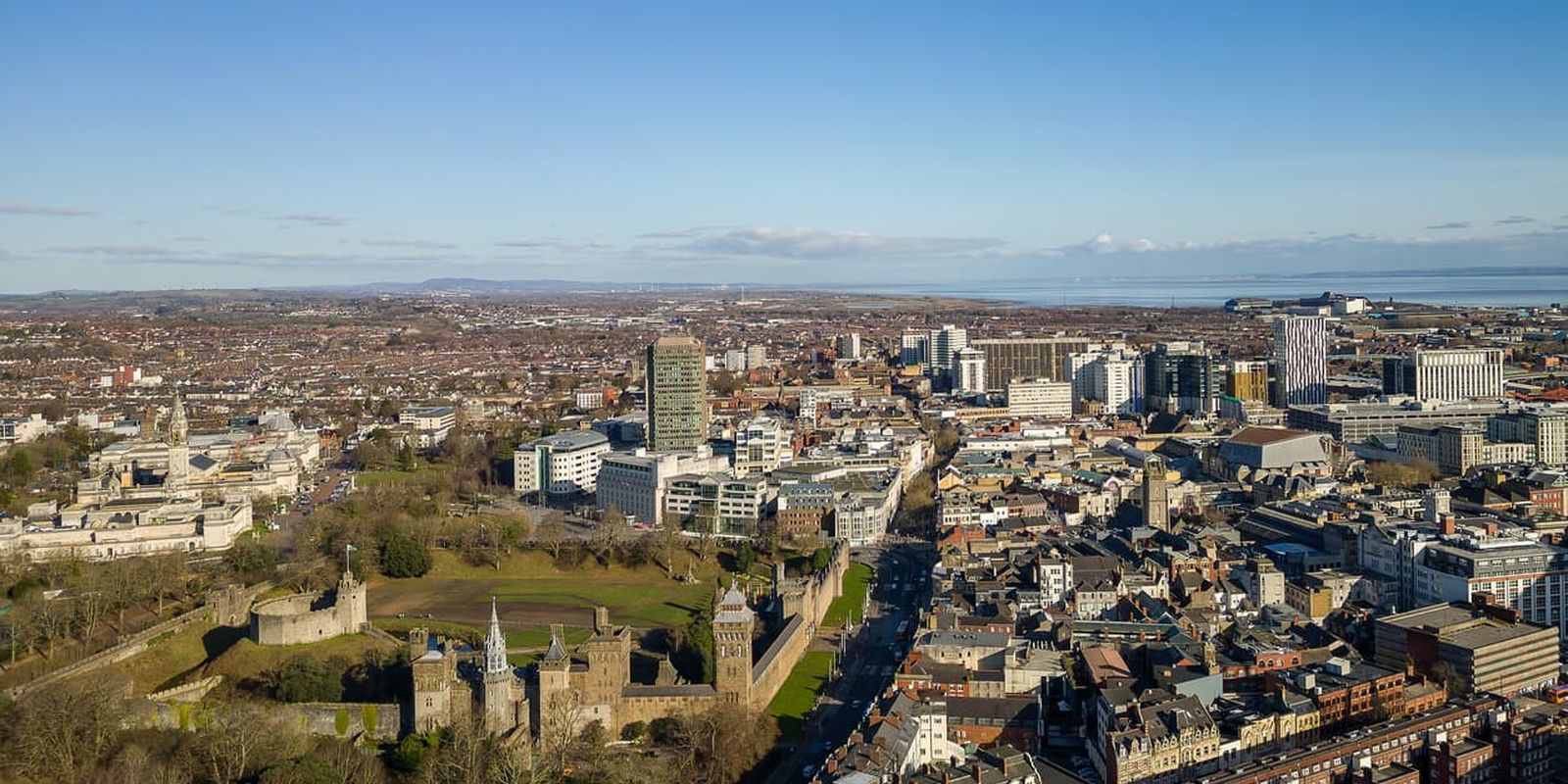 Aerial view of the centre of Cardiff including the castle, city hall and main shopping areas