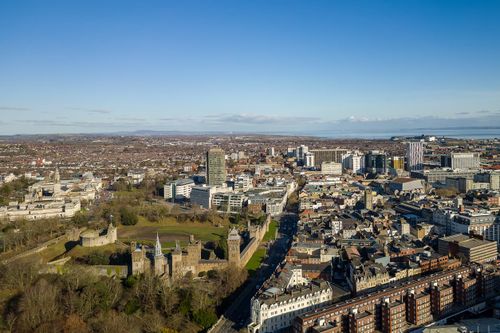 Aerial view of the centre of Cardiff including the castle, city hall and main shopping areas