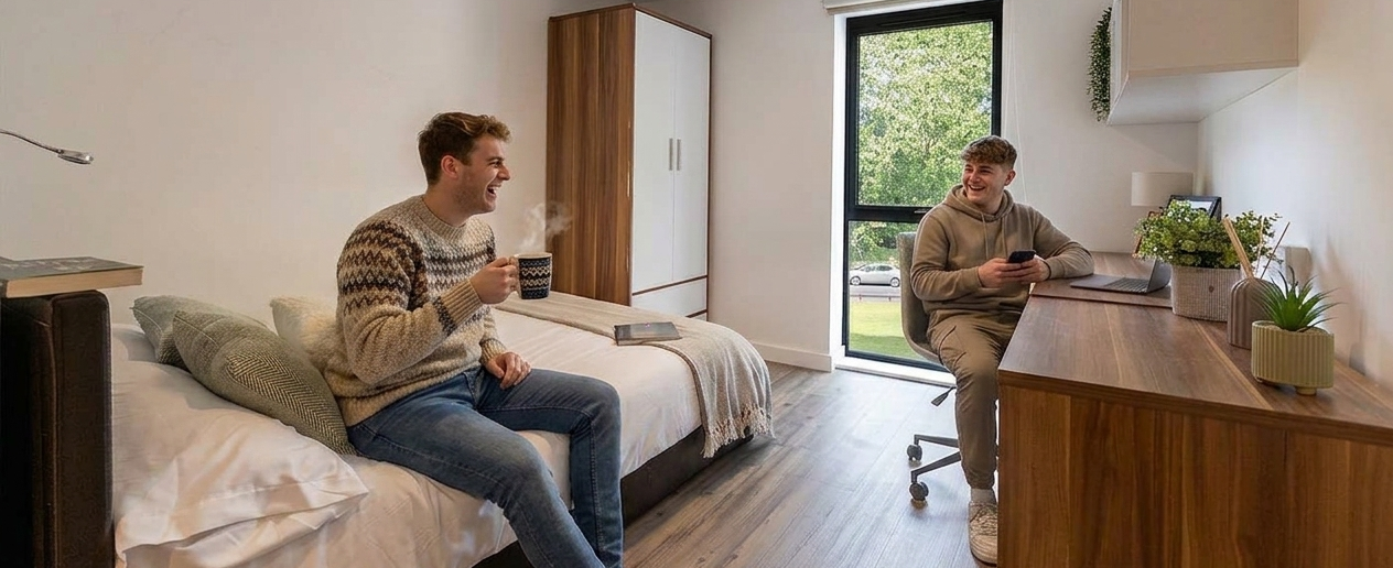 Two people in a modern room, one sitting on a bed with a mug, and the other at a desk with a phone, talking and smiling.