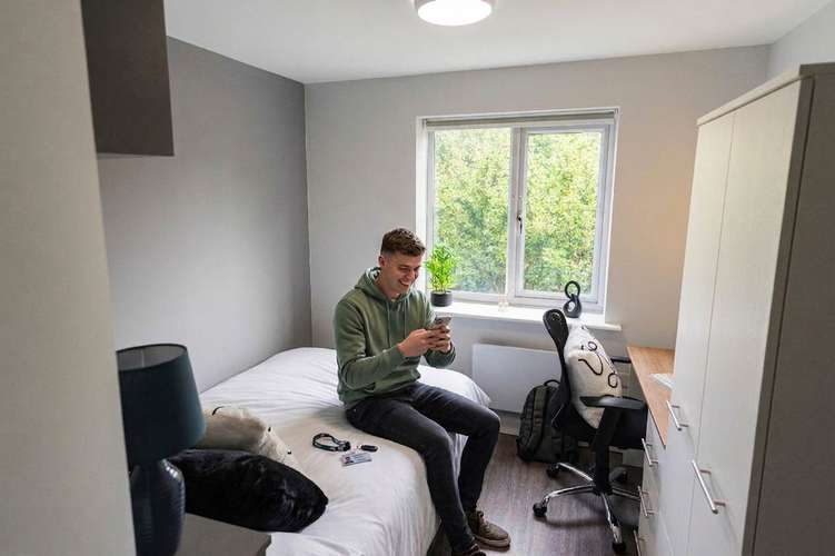 A person in a green hoodie sits on a bed in a tidy room, smiling at their phone. The room has a desk, plant, and window with green trees outside.