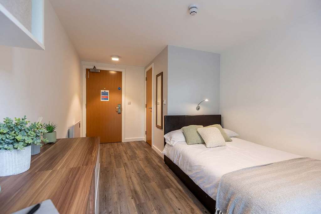A cozy bedroom with a single bed, wooden floor, desk, and plants. A door and mirror are visible in the background.
