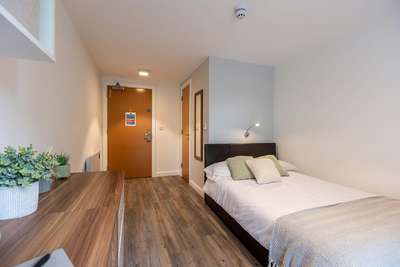 A cozy bedroom with a single bed, wooden floor, desk, and plants. A door and mirror are visible in the background.