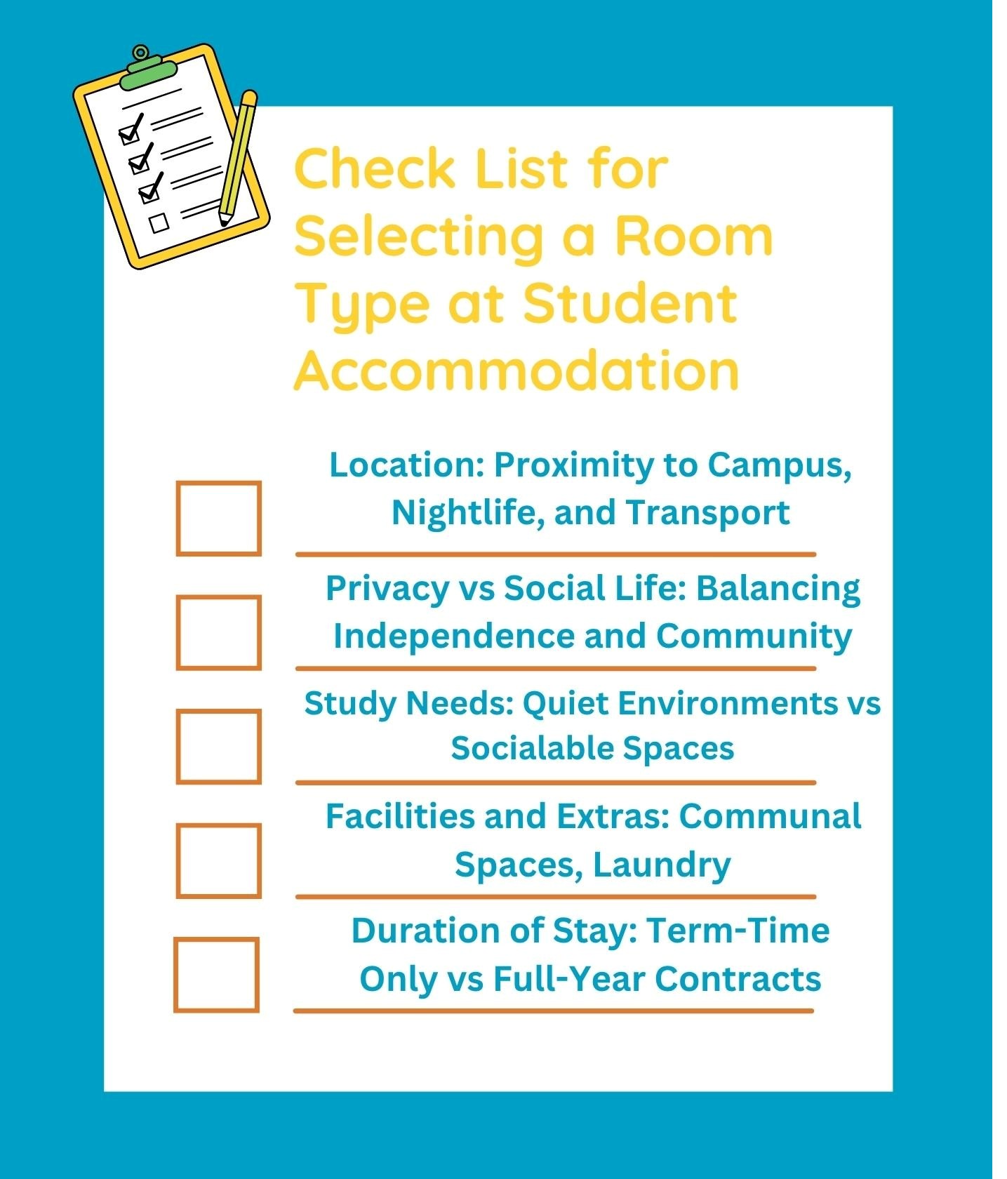 Checklist for selecting student accommodation room type, including location, privacy, study needs, facilities, and duration of stay.