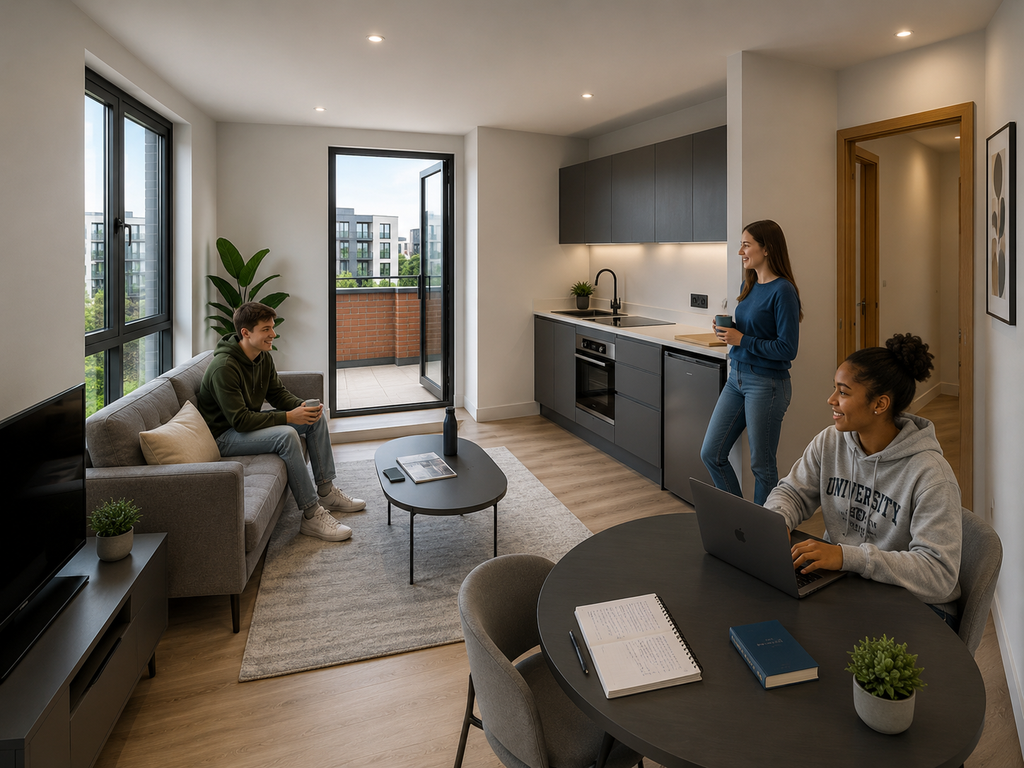 Three people in a modern apartment living area, one using a laptop at the table, another sitting on a sofa, and the third leaning by the kitchen.