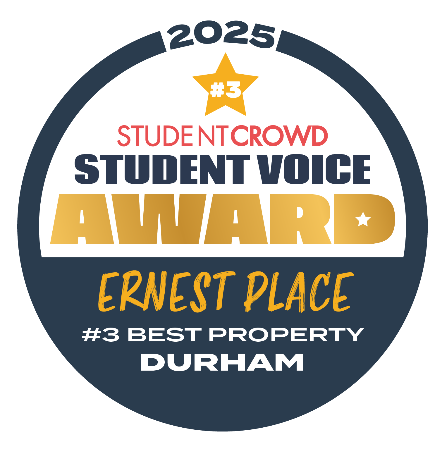 Circular badge reading "2025 StudentCrowd Student Voice Award, Ernest Place, #3 Best Property, Durham" with a star and decorative text.