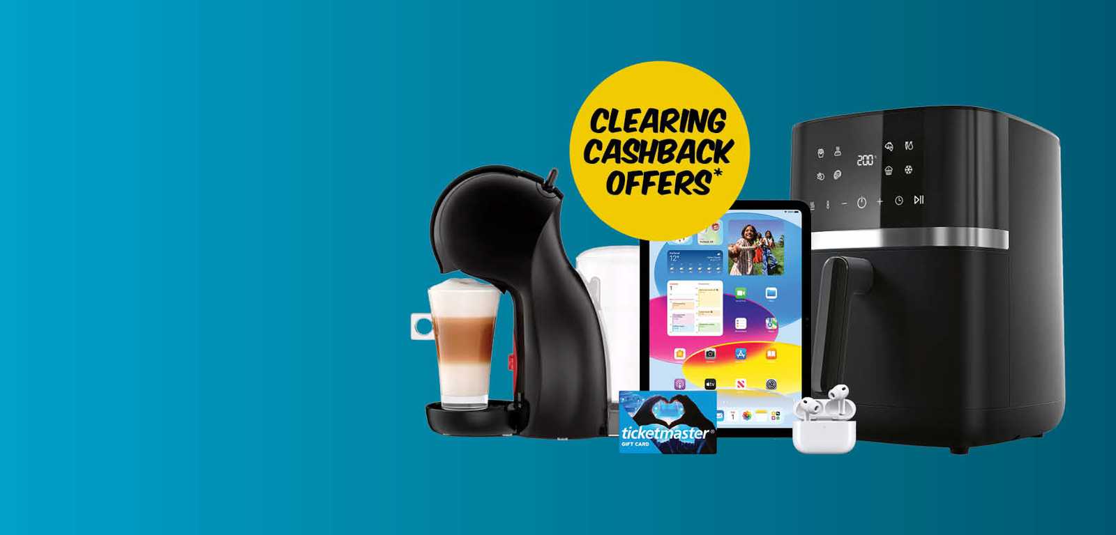 Various electronics and appliances, including a coffee maker, tablet, air fryer, earbuds, and a gift card, with a "Clearing Cashback Offers" tag.