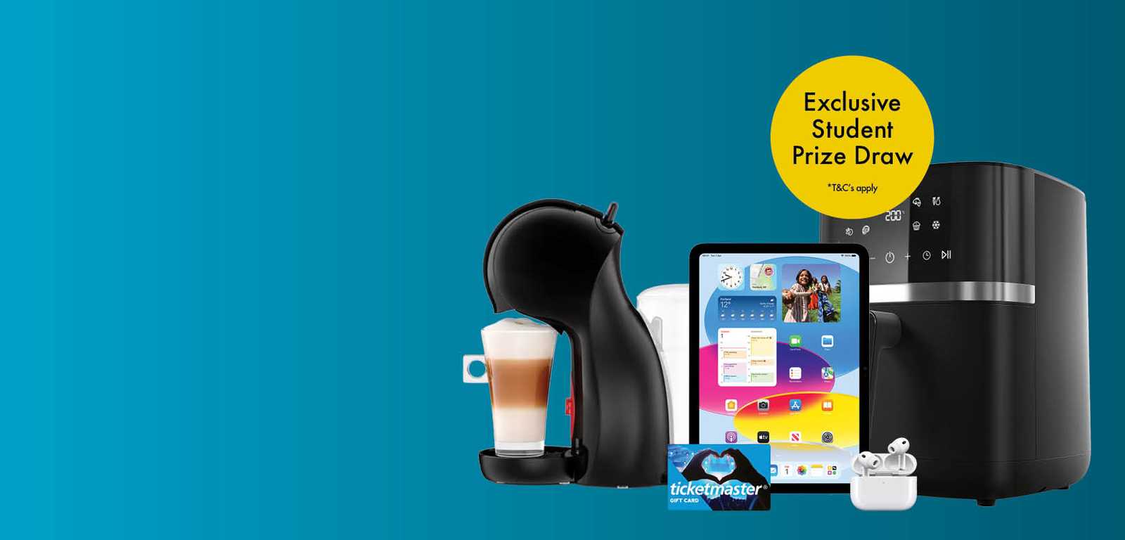 Coffee machine, tablet, air fryer, headphones, and gift card against a blue background with a yellow circle announcing an exclusive student prize draw.