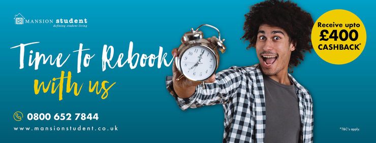 Smiling person holding an alarm clock, with text promoting rebooking with cashback offer. Contact details and website included.