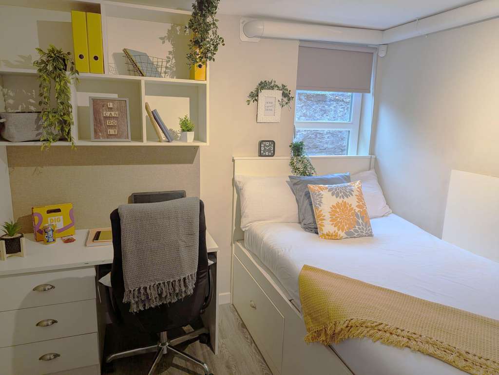 Peterson Hall ensuite bedroom with desk and chair
