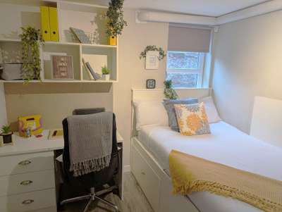 Peterson Hall ensuite bedroom with desk and chair