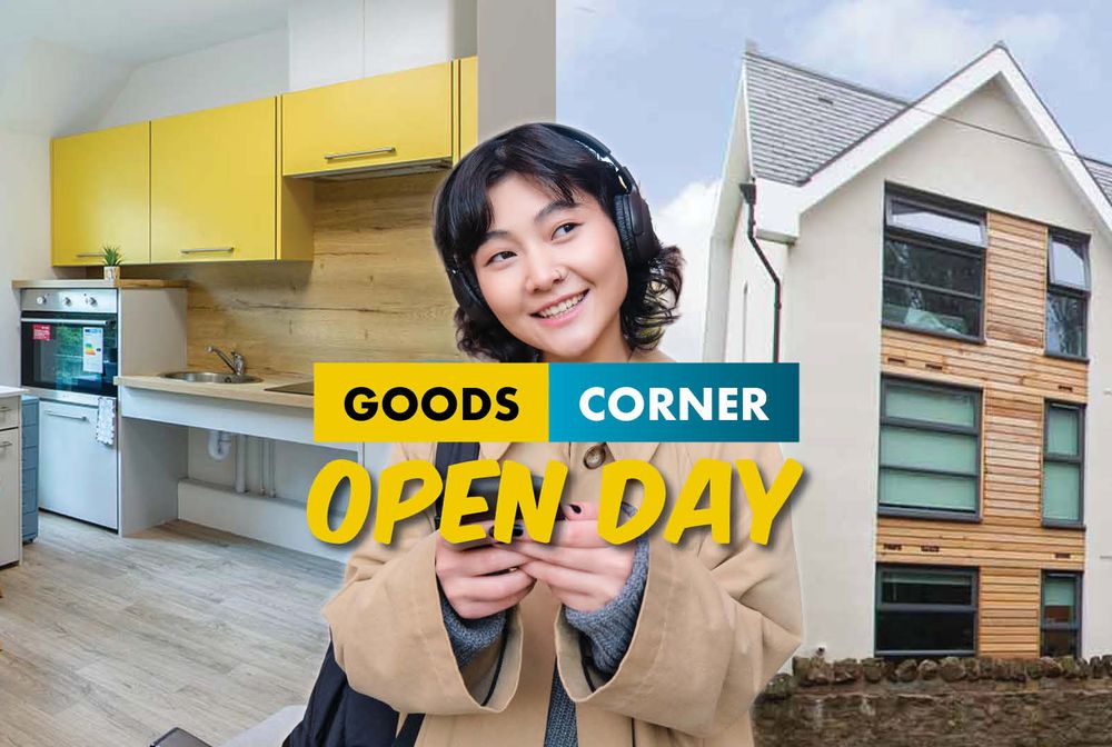 Modern interior with yellow kitchen, smiling person with headset, and exterior view of a building. Text: "Goods Corner Open Day."