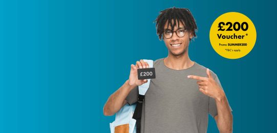 Smiling person holding a £200 voucher card, pointing at it. Yellow circle reads "£200 Voucher, Promo SUMMER200, T&C's apply" on a blue background.