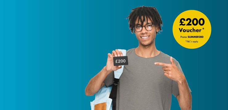 Smiling person holding a £200 voucher card, pointing at it. Yellow circle reads "£200 Voucher, Promo SUMMER200, T&C's apply" on a blue background.