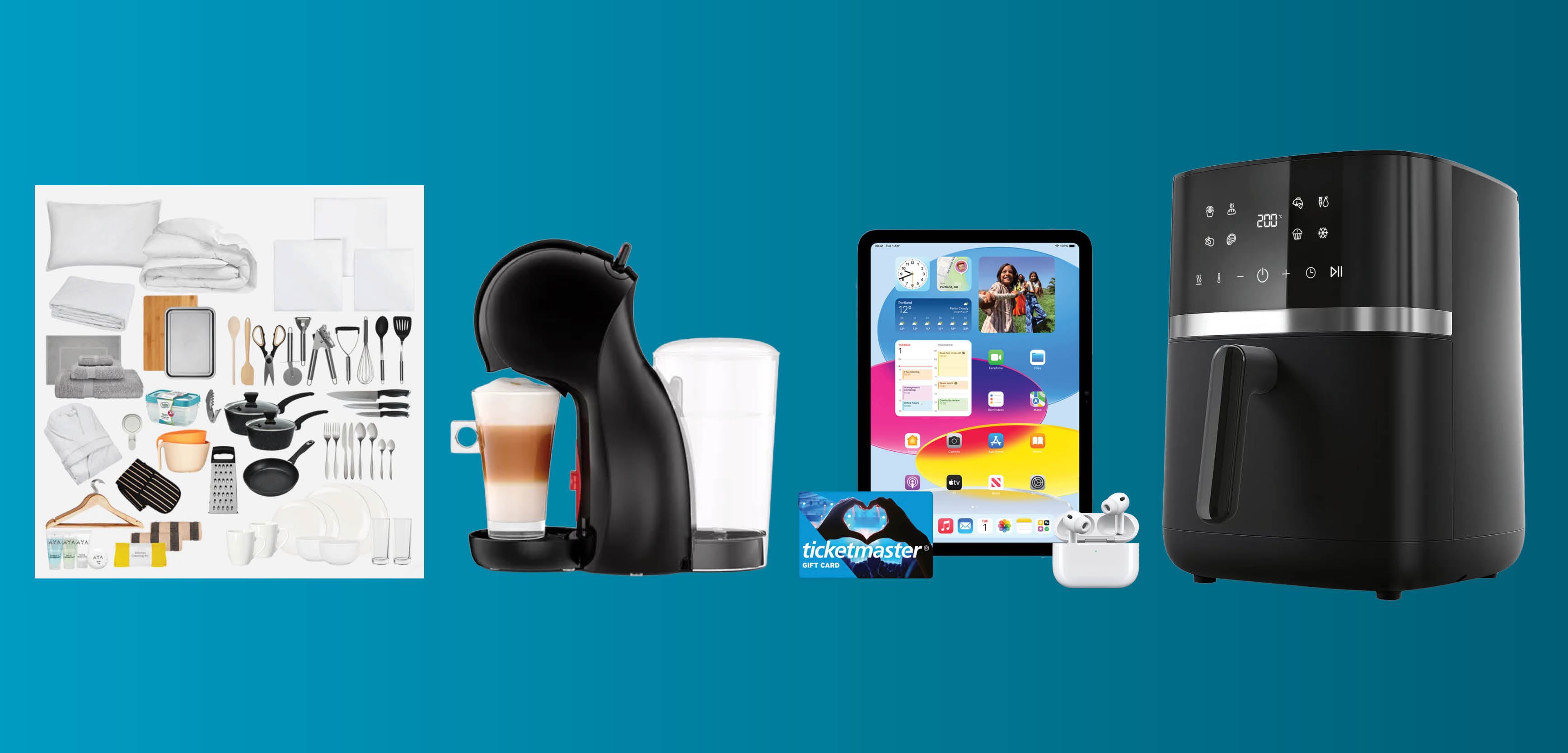 Collage of home essentials: kitchen utensils, coffee maker, tablet with earbuds, air fryer, and gift card. Blue gradient background.