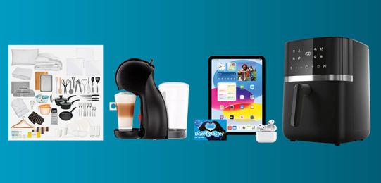 Collage of home essentials: kitchen utensils, coffee maker, tablet with earbuds, air fryer, and gift card. Blue gradient background.