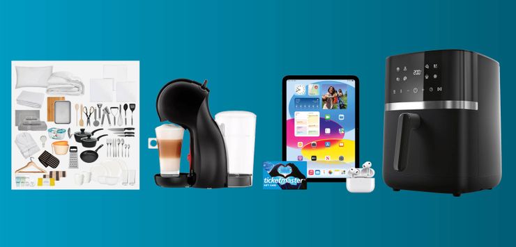 Collage of home essentials: kitchen utensils, coffee maker, tablet with earbuds, air fryer, and gift card. Blue gradient background.
