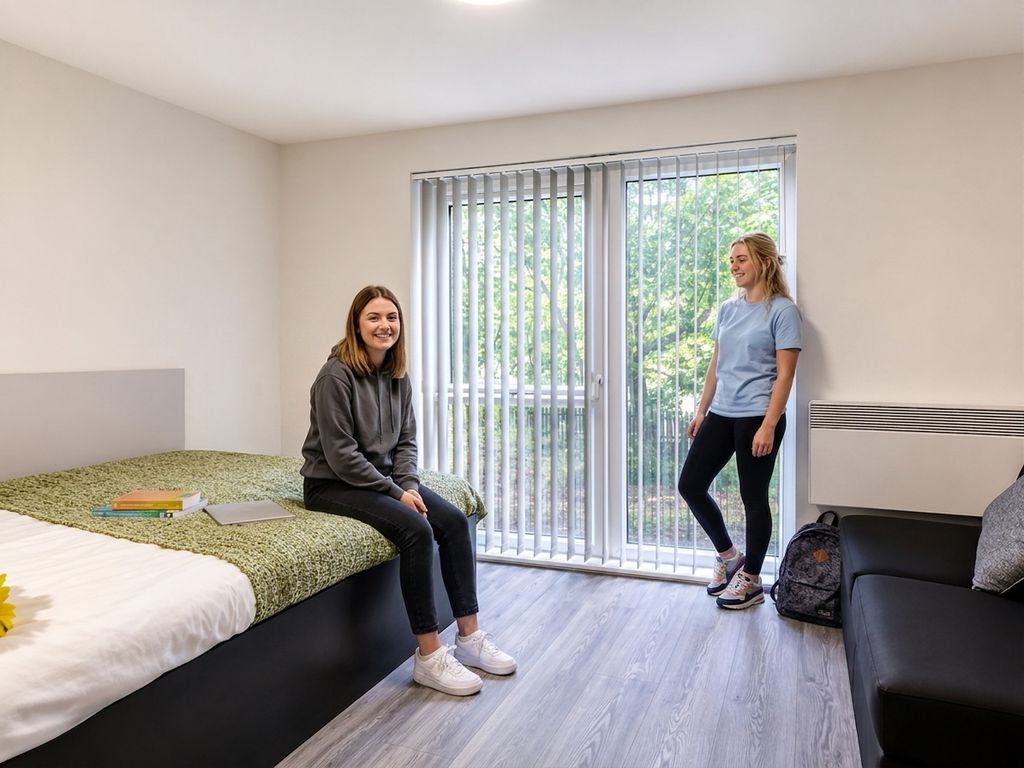 Two women in a bright, modern room with a bed and sofa, talking near large windows with vertical blinds, surrounded by light and casual decor.