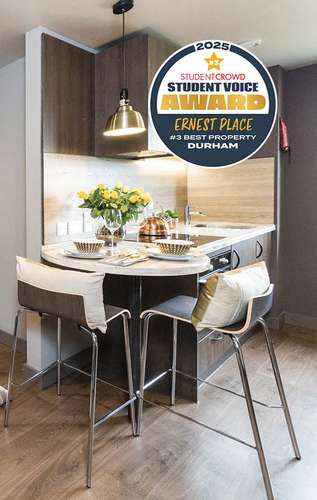 A modern kitchen with a small dining area, two stools, and a flower vase. A "Student Voice Award" badge is displayed above.