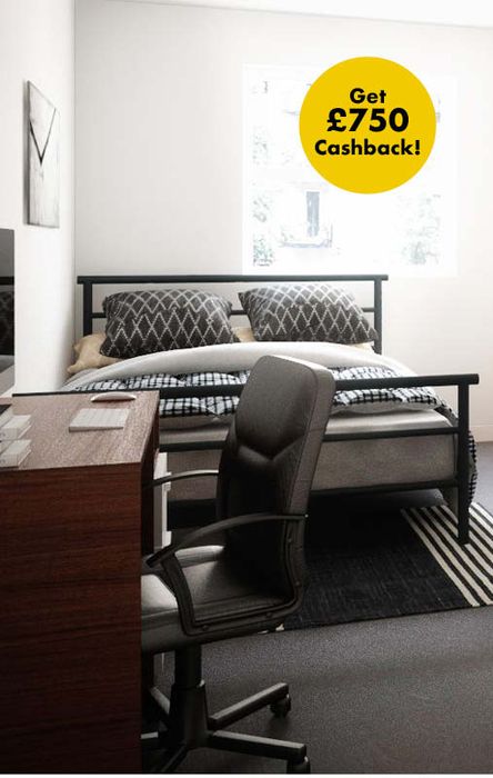Modern bedroom with a bed, desk, and chair. A yellow circle on the wall reads "Get £750 Cashback!"
