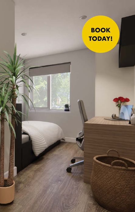 Small modern bedroom with bed by window, desk and chair, tall potted plant, woven basket and yellow "BOOK TODAY!" badge.