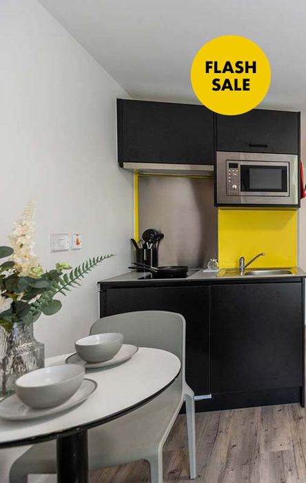 Compact kitchen with black cabinets, a microwave, and a yellow accent. Nearby, a small table with two bowls. "Flash Sale" sign in the corner.