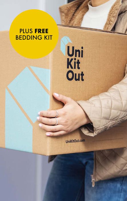 Person carrying a Uni Kit Out box with a yellow circle highlighting "Plus Free Bedding Kit."
