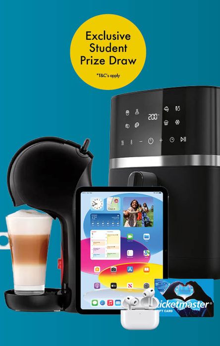 Coffee machine, tablet, air fryer, headphones, and gift card against a blue background with a yellow circle announcing an exclusive student prize draw.