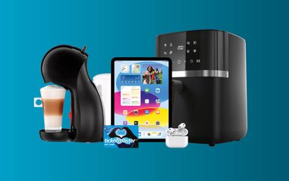 A coffee maker with a latte, an iPad, a Ticketmaster gift card, AirPods, and an air fryer on a blue background.